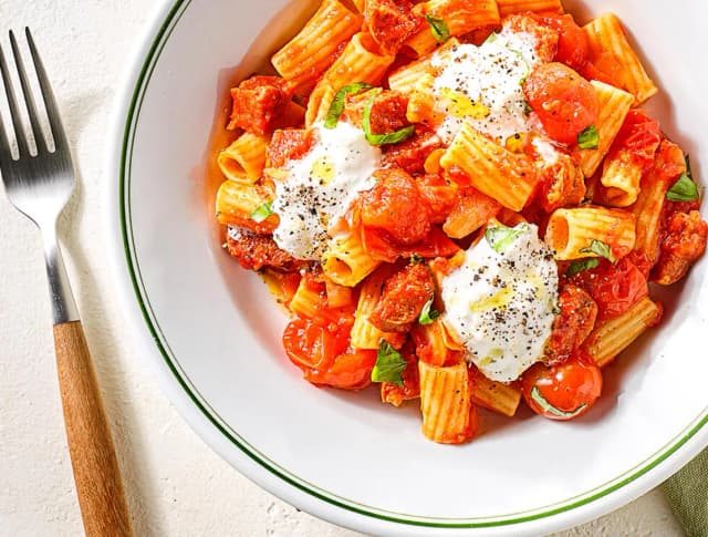 Rigatoni mit Chorizo und Burrata